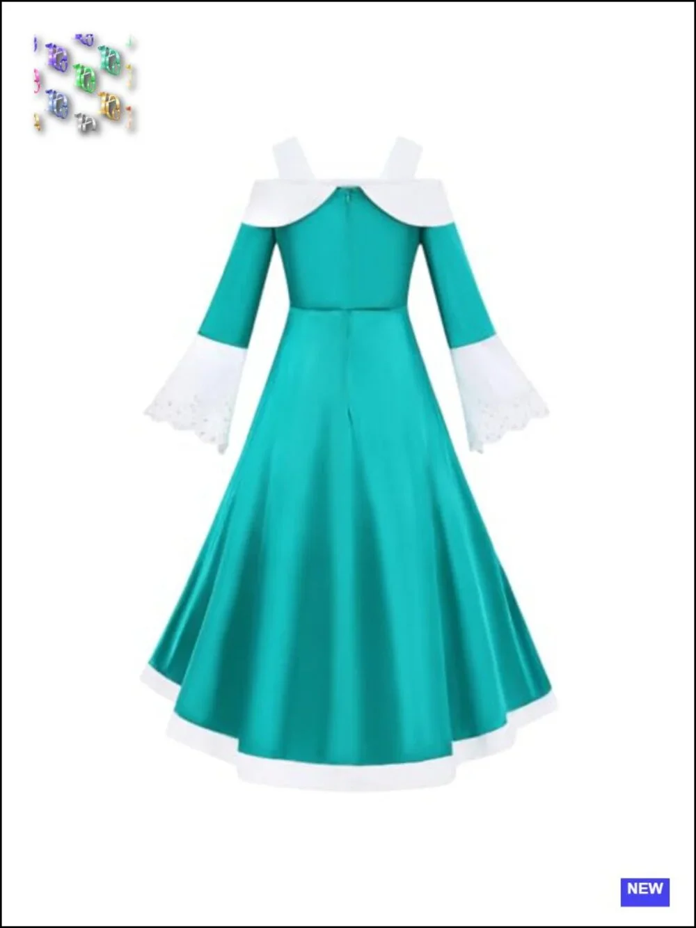 Girls Princess Costume Full Set Teal Maxi Dress Wig Crown Wand Earrings